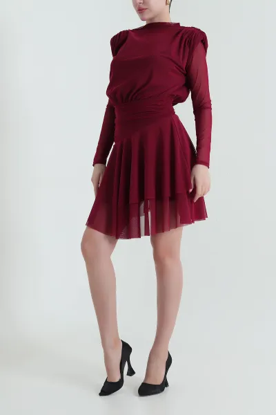 Bordo Astarlı Tül Kadın Elbise 431740