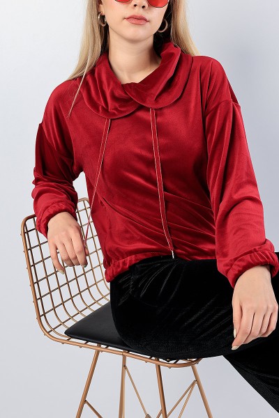 Bordo Astronot Yaka Bayan Kadife Sweat 81285