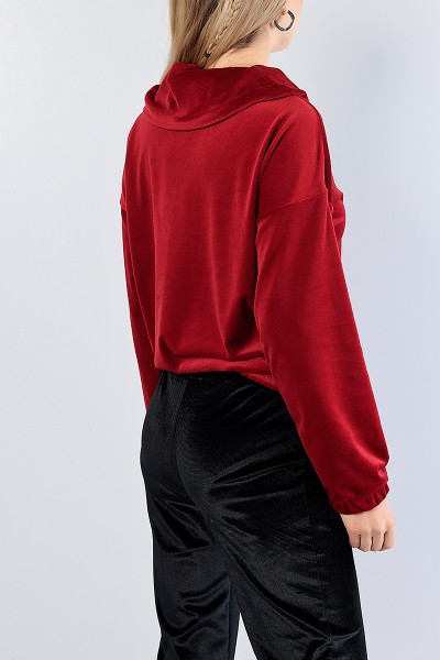 Bordo Astronot Yaka Bayan Kadife Sweat 81285