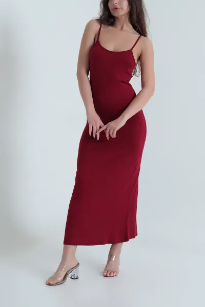 Bordo Ayarlanabilir Askılı Kolsuz Viskon Kadın Elbise 462787