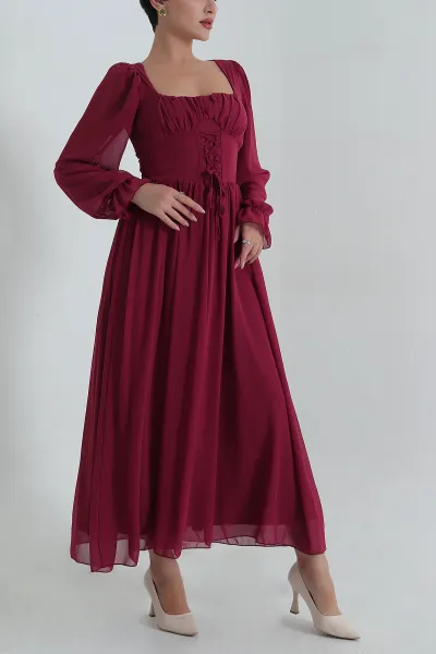 Bordo Bağcıklı Tasarım Kadın Şifon Elbise 400455