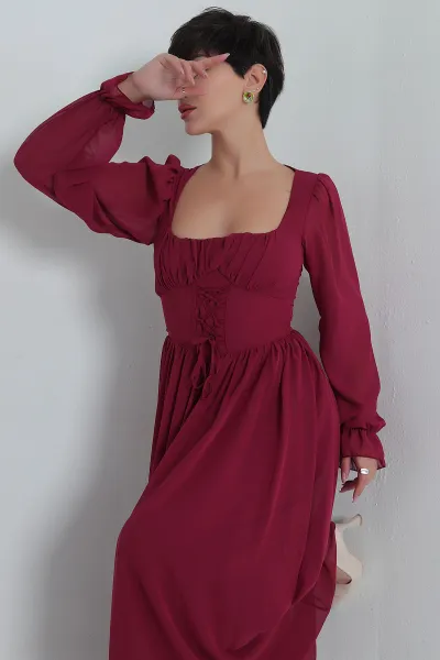 Bordo Bağcıklı Tasarım Kadın Şifon Elbise 400455