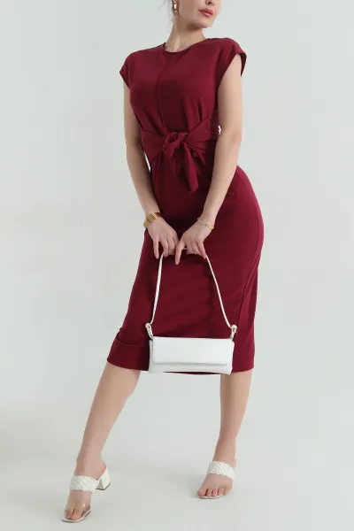 Bordo Bağlamalı Çimalı Modal Elbise 350504