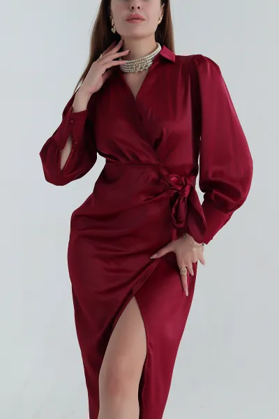 Bordo Bağlamalı Fermuarlı Saten Kadın Elbise 392833