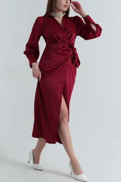 Bordo Bağlamalı Fermuarlı Saten Kadın Elbise 392833