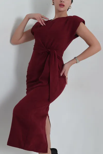 Bordo Bağlamalı Süet Elbise 404683