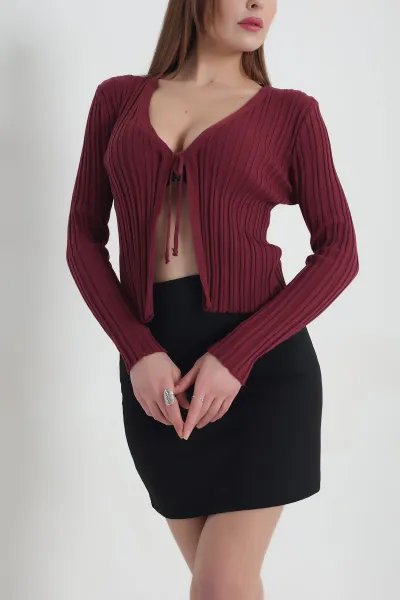 Bordo Bağlamalı Triko Bayan Hırka 337431