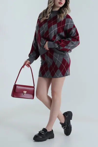 Bordo Baklava Desen Triko Kadın İkili Takım 497104