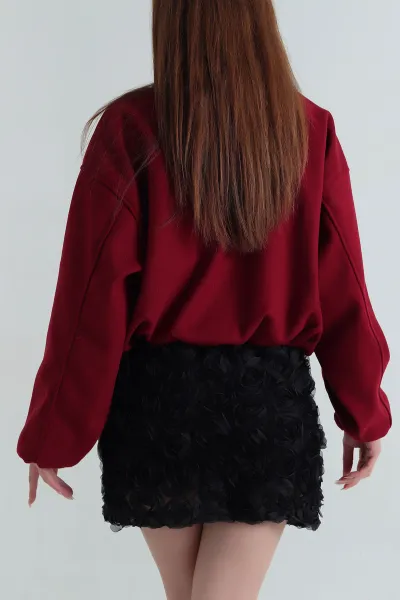 Bordo Balon Kol Kadın Kaşe Bomber Mont 402948