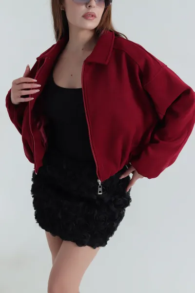 Bordo Balon Kol Kadın Kaşe Bomber Mont 402948