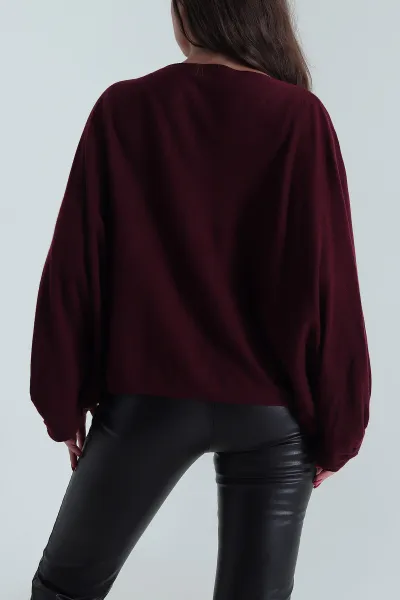 Bordo Balon Kol Yün Karışımlı Triko Kazak 489972