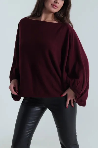 Bordo Balon Kol Yün Karışımlı Triko Kazak 489972