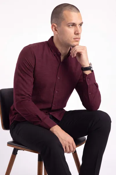 Bordo Bambu Keten Uzun Kol Erkek Gömlek 471874