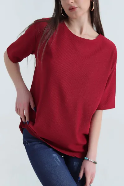 Bordo Basic Dokulu Bayan Tişört 337679
