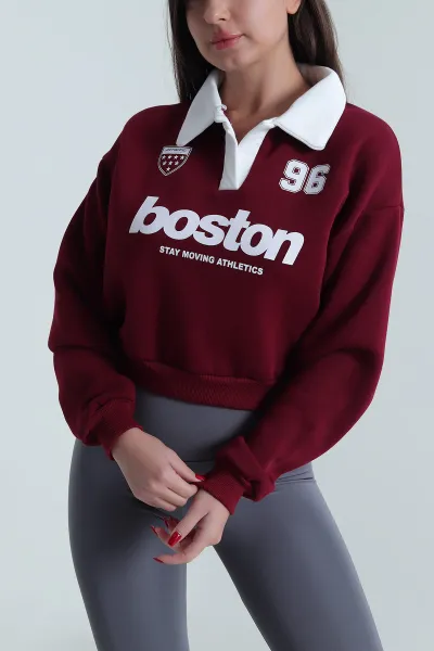 Bordo Baskılı Astarlı Üç İp Kadın Sweat 494124
