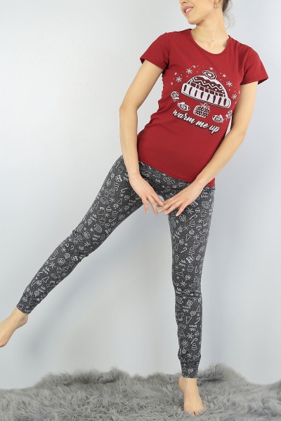 Bordo Baskılı Bayan Pijama Takımı 54881