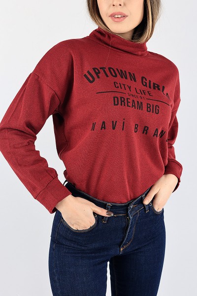 Bordo Baskılı İçi Şardonlu Bayan Sweat 88346
