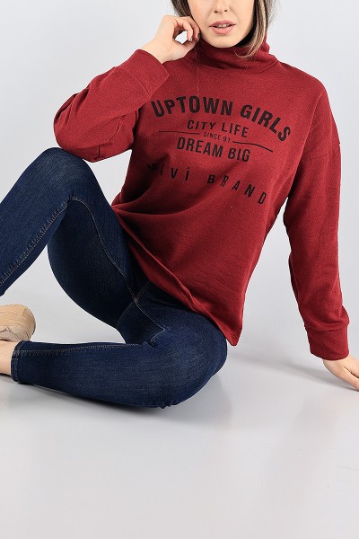 Bordo Baskılı İçi Şardonlu Bayan Sweat 88346