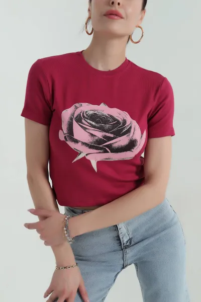 Bordo Baskılı Süprem Kadın Tişört 373140