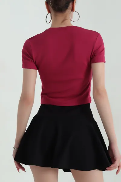 Bordo Baskılı Viskon Kadın Crop Tişört 372687