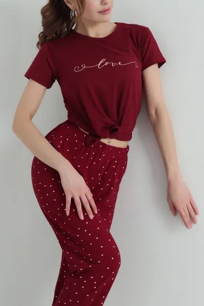 Bordo Baskılı Viskon Kadın Pijama Takımı 347345