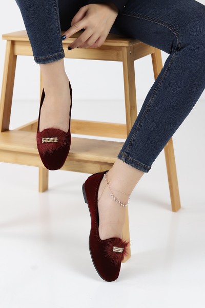 Bordo Bayan Süet Peluş Taşlı Babet Ayakkabı 77699