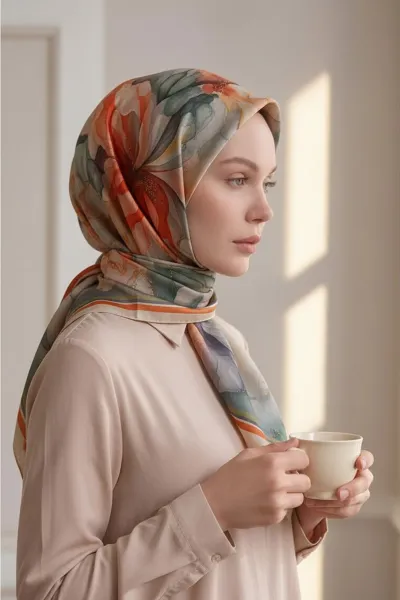 Bordo - Bej 90x90 Cm Dijital Baskılı Floria Desen Soft Eşarp 498560