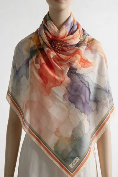 Bordo - Bej 90x90 Cm Dijital Baskılı Floria Desen Soft Eşarp 498560