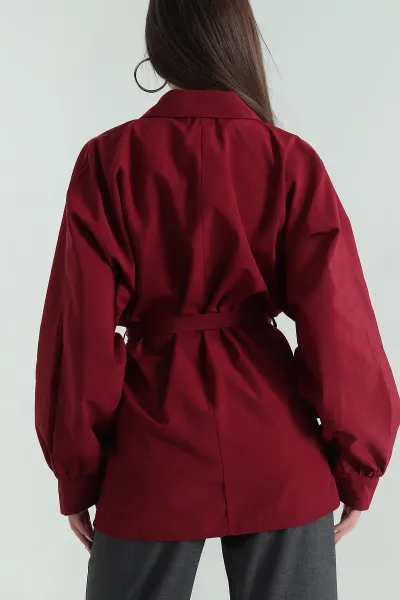 Bordo Bel Bağlamalı Oversize Poplin Tunik Gömlek 355234