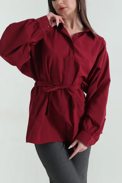 Bordo Bel Bağlamalı Oversize Poplin Tunik Gömlek 355234