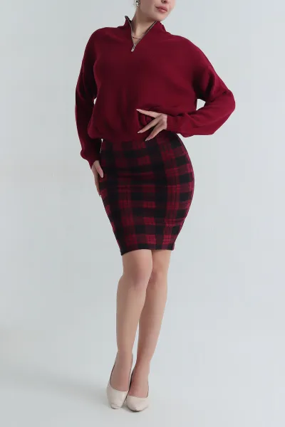 Bordo Bel Lastikli Desenli Kadın Kaşe Etek 402075