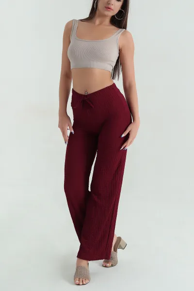 Bordo Bel Lastikli Gofre Kadın Pantolon 370723