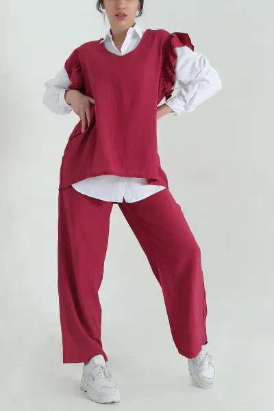 Bordo Bel Lastikli Kolları Büzgülü Aerobin Kadın Üçlü Takım 359140