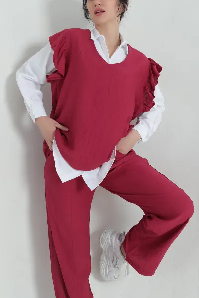 Bordo Bel Lastikli Kolları Büzgülü Aerobin Kadın Üçlü Takım 359140