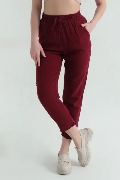 Bordo Bel Lastikli Müslin Kadın Pantolon 362366