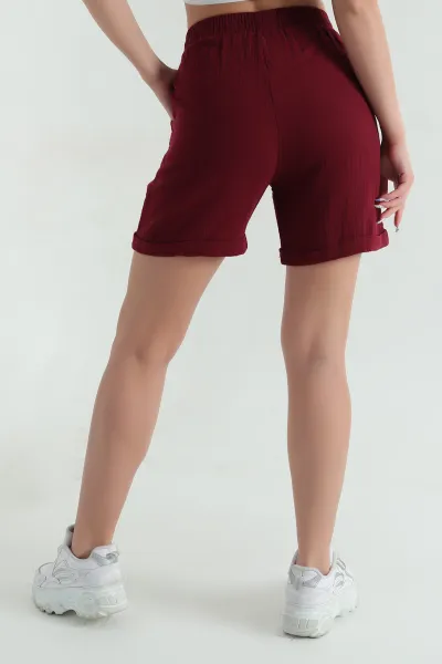 Bordo Bel Lastikli Müslin Keten Kadın Şort 367031