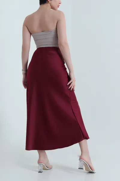 Bordo Bel Lastikli Saten Kadın Etek 452538