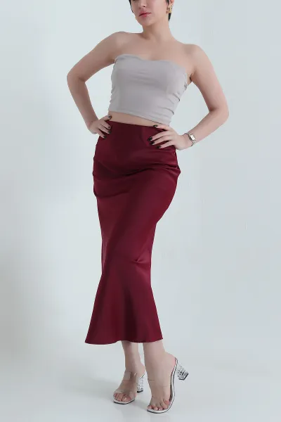 Bordo Bel Lastikli Saten Kadın Etek 452538