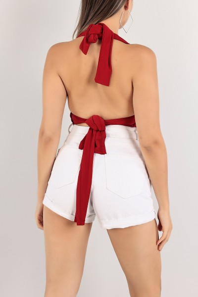Bordo Bel ve Boyun Bağlamalı Sendy Bluz 117836