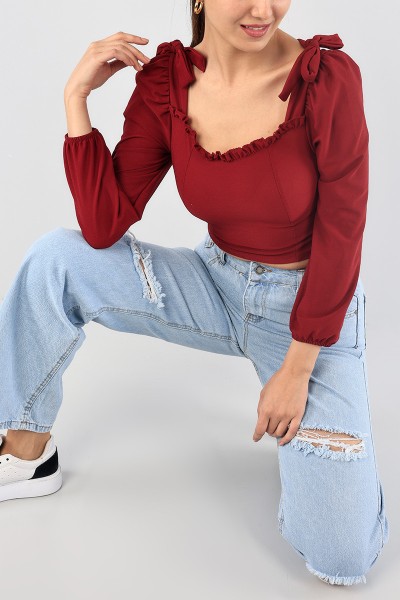 Bordo Beli Gipeli Bağlamalı Bluz 88840