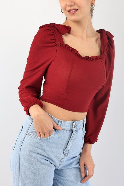Bordo Beli Gipeli Bağlamalı Bluz 88840