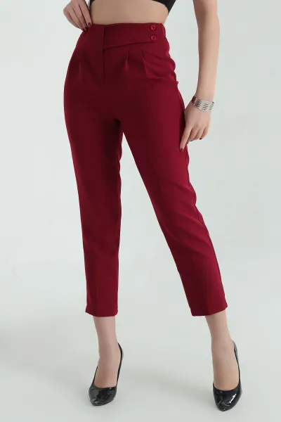 Bordo Beli Lastikli Düğmeli Dabıl Bayan Havuç Pantolon 336736
