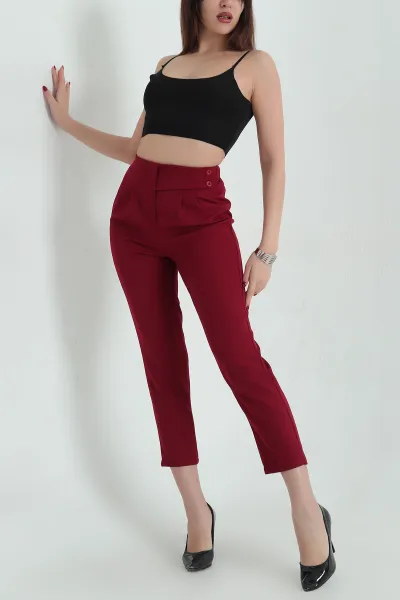 Bordo Beli Lastikli Düğmeli Dabıl Bayan Havuç Pantolon 336736