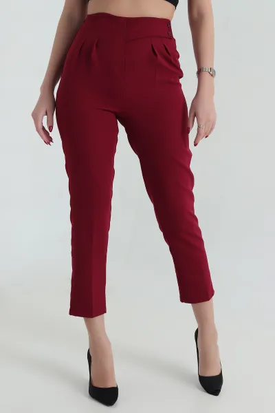 Bordo Beli Lastikli Düğmeli Dabıl Kadın Havuç Pantolon 417727