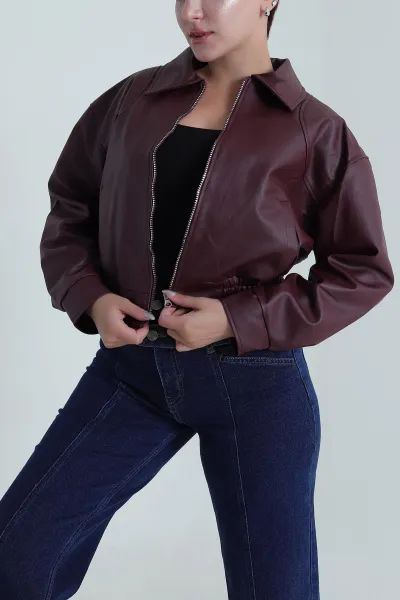 Bordo Beli Lastikli Kadın Deri Mont 484004