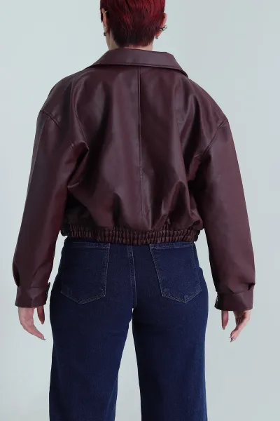 Bordo Beli Lastikli Kadın Deri Mont 484004