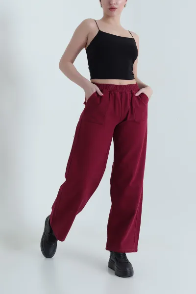 Bordo Beli Lastikli Kadın Gabardin Pantolon 437768