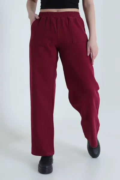 Bordo Beli Lastikli Kadın Gabardin Pantolon 437768