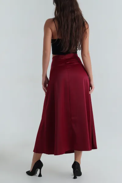 Bordo Beli Lastikli Kadın Saten Etek 395523
