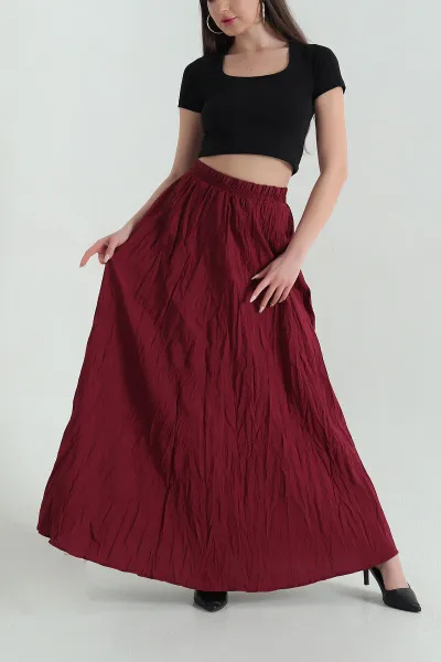 Bordo Beli Lastikli Kırışık Tasarım Etek 351205